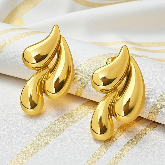 🆕18K Gold Plated Stainless Steel Drop Earrings - Unique Teardrop Design✨ - Picture 1 of 11